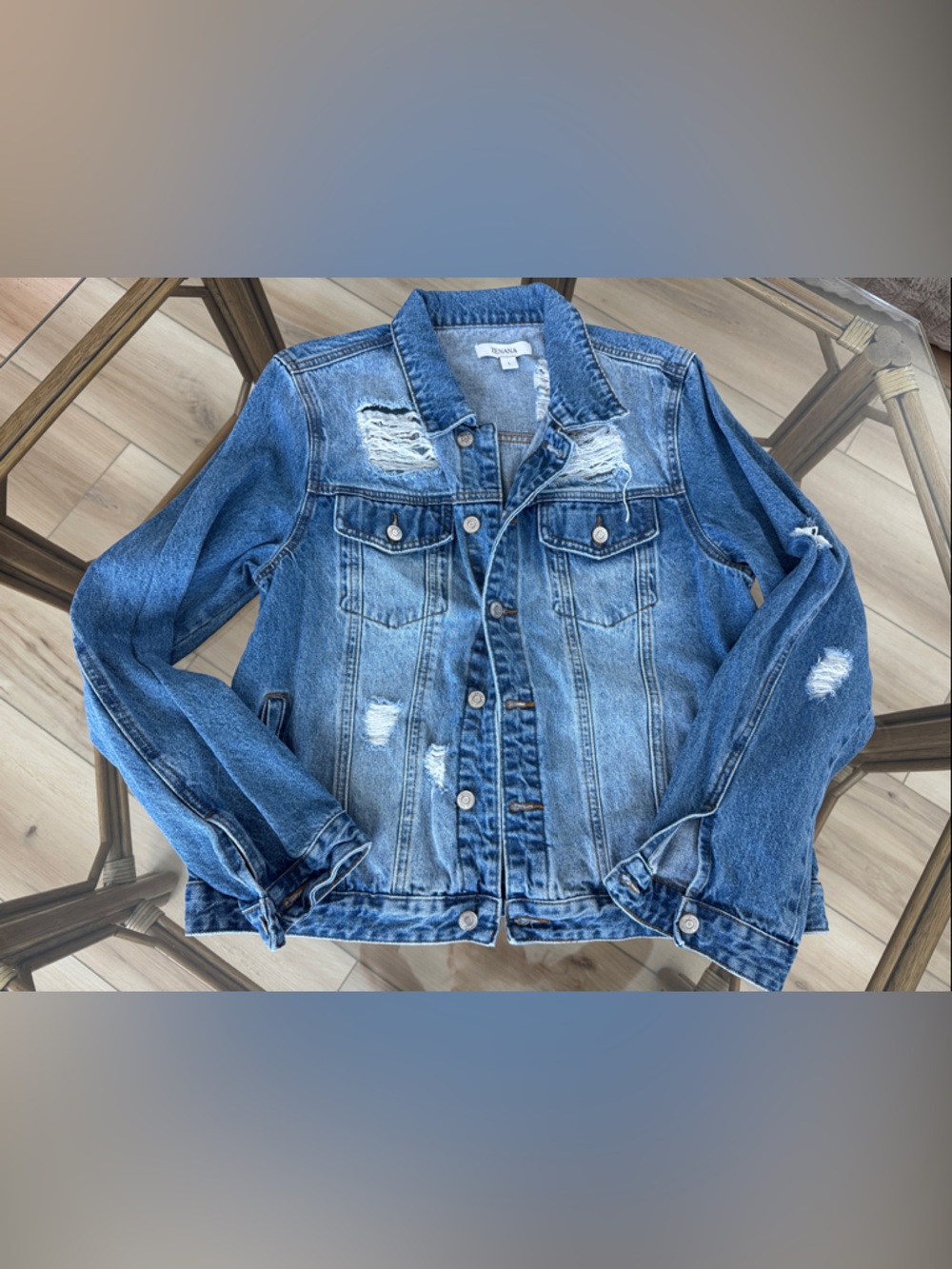 Distressed Light Blue Denim Jacket with Button Front